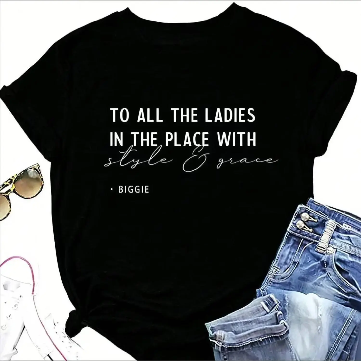 Men's Biggie "To All The Ladies" 90s Hip Hop Quote Graphic T-Shirt, Casual Round Neck Short-Sleeve, Baggy Loose-Fit Normal Type Streetwear Menswear, Soft Fabric, All Seasons, Machine Washable