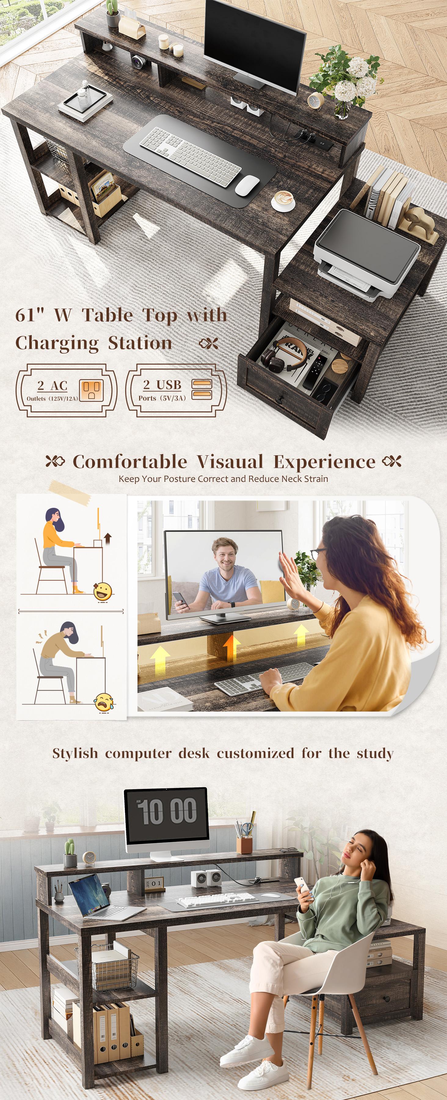 Raybee 63" Long Computer Desk with Storage,Workstations with Drawer&Power Outlets,Home Office Desks with Shelves Monitor Stand for Work Study, Dark Oak,Ash Gray