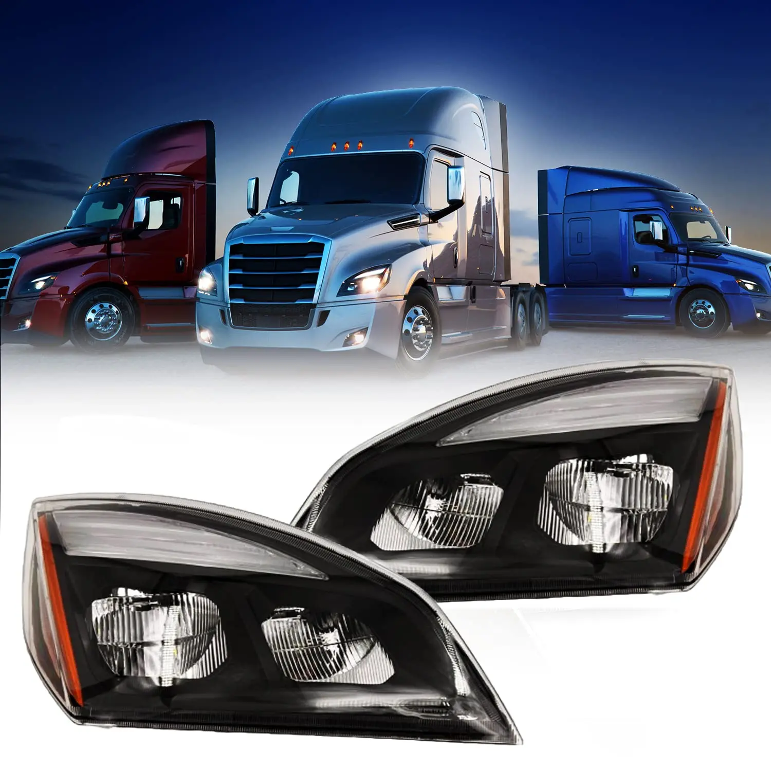 Torque Black Halogen Dual Headlights Pair Set for 2018-2024 Freightliner Cascadia Semi Trucks, Durable, DOT SAE Approved, OEM Fitment, Driver Left & Passenger Right Side with All Bulbs Included (TRH319902BL & TRH319902BR)