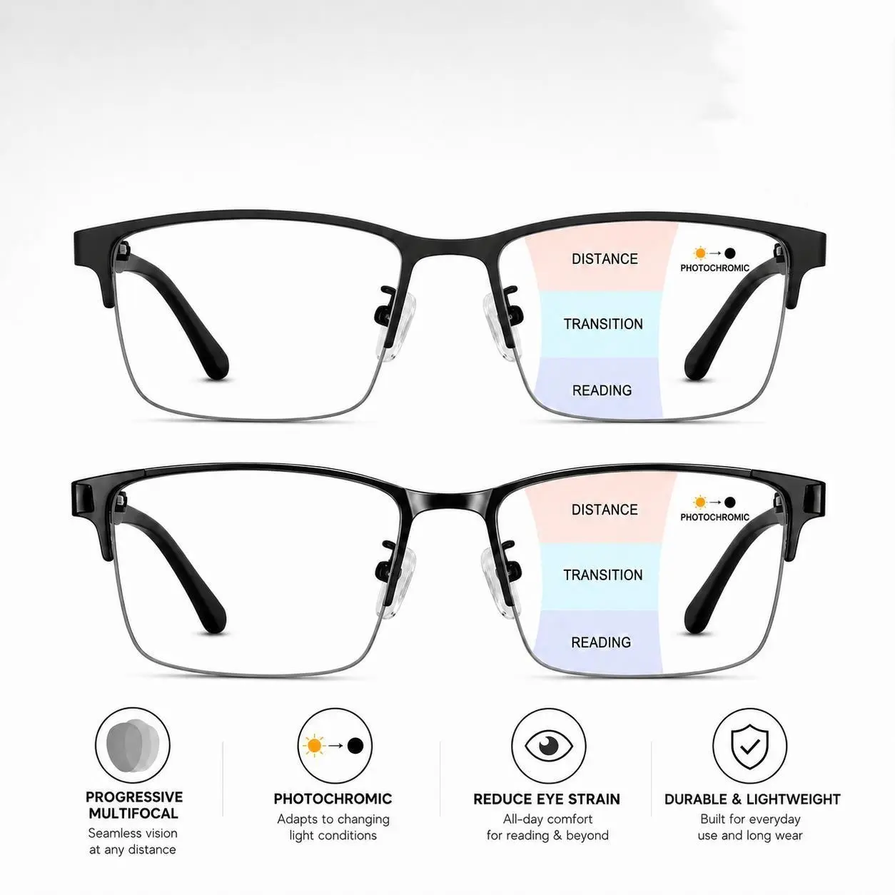 Progressive Multifocal Photochromic Reading Glasses for Men & Women, Ultra-Lightweight Transition Readers for Near, Mid & Far Range Vision, Anti-Lost Neck Lanyard Included