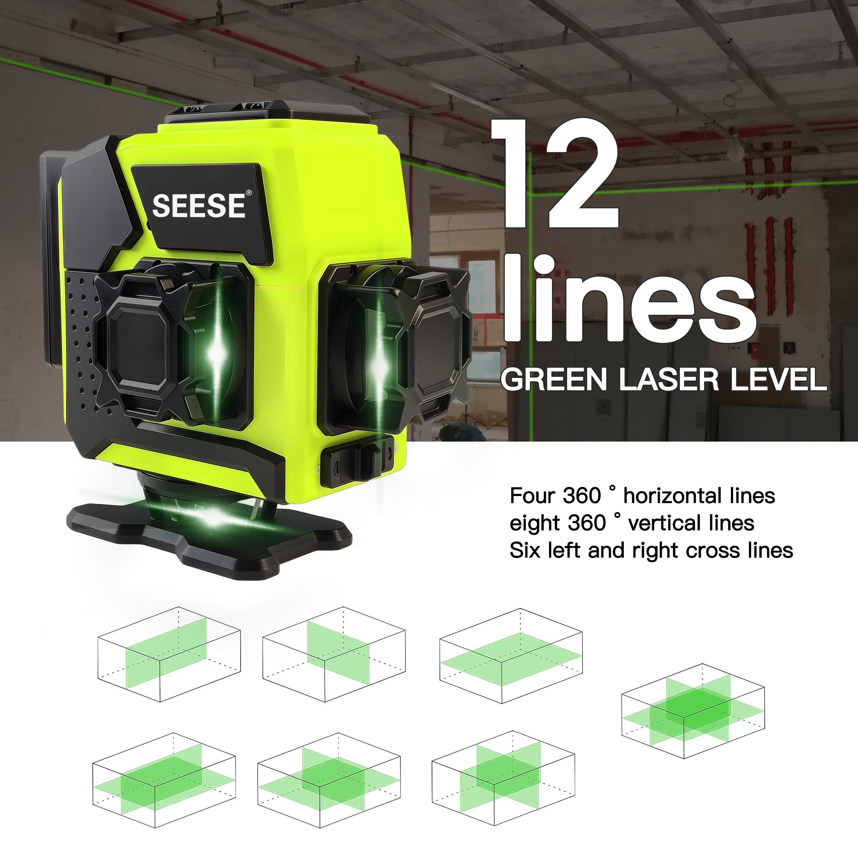 SEESE 12-Line Green Laser Level,3x360° Self-Leveling, Remote Control, Dual Batteries, Full Accessories for Tile, Cabinet & Home Improvement