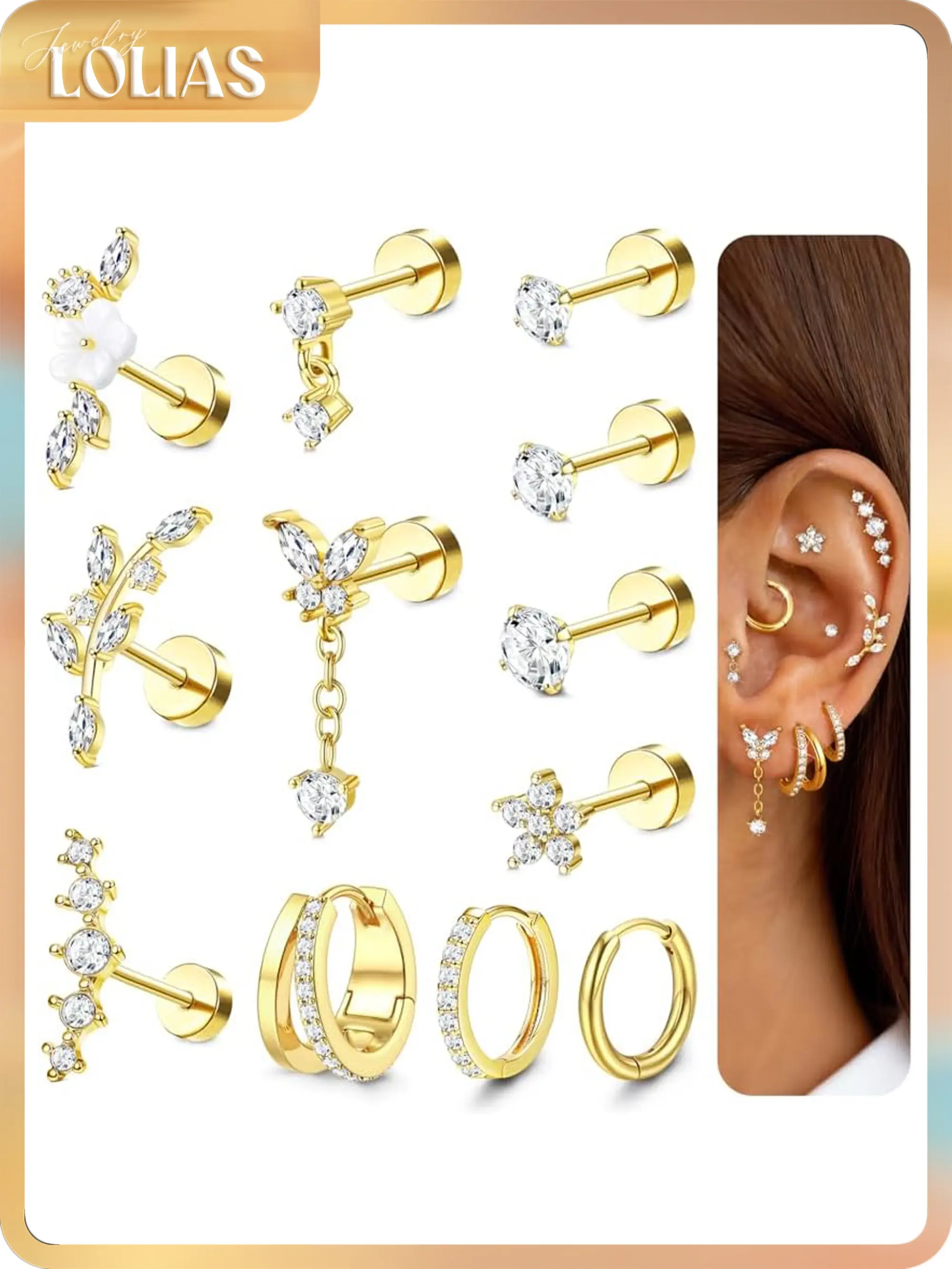 LOLIAS Hypoallergenic Cartilage Earrings for Women Flat Back-20G Cartilage Earring Stacks-Surgical Steel Earrings for Sensitive Ears-316L Stainless Steel Flatback Studs Hoop Earring Sets for Multiple Tragus Conch Daith Helix Piercing Jewelry Single PC