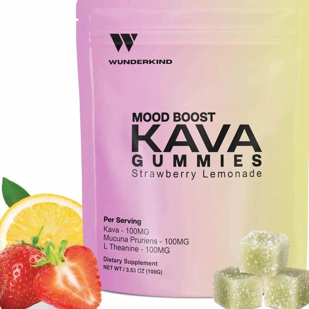 WUNDERKIND Kava Gummies Extra Strength Mood Boost - High-Potency 70% Kavalactones | Natural Stress Relief | Vegan, Clean Ingredients, No Gelatin or Dyes | 1 Gummy Per Serving | Strawberry Lemonade