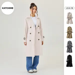 KatchMe Women's Casual Solid Color Notch Lapel Double Breasted Detachable Belt Trench Coat, Fall & Winter Wrap Tie Waist Outerwear Jacket, Mid-Length Trench Coat(2)