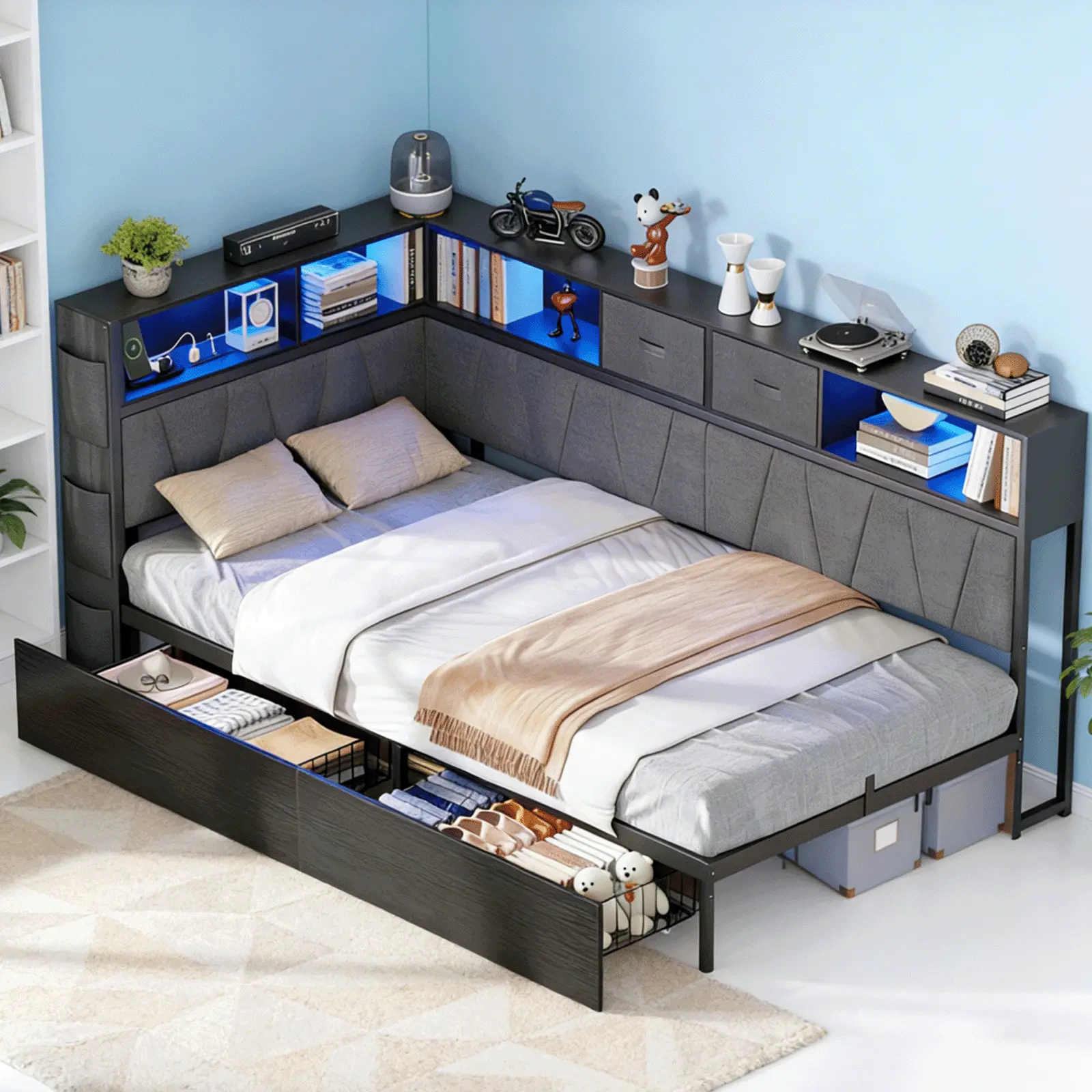 Modern Twin XL Corner Bed Frame with Bookshelf & LED Lighting - Space-Saving Platform Bed with Charging Station & 2 Underbed Storage Drawers in Gray (Gray)