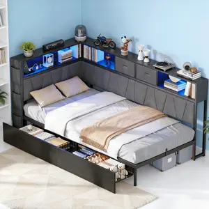 Modern Twin XL Corner Bed Frame with Bookshelf & LED Lighting - Space-Saving Kids' Platform Bed with Charging Station & 2 Underbed Storage Drawers in Gray (Gray)