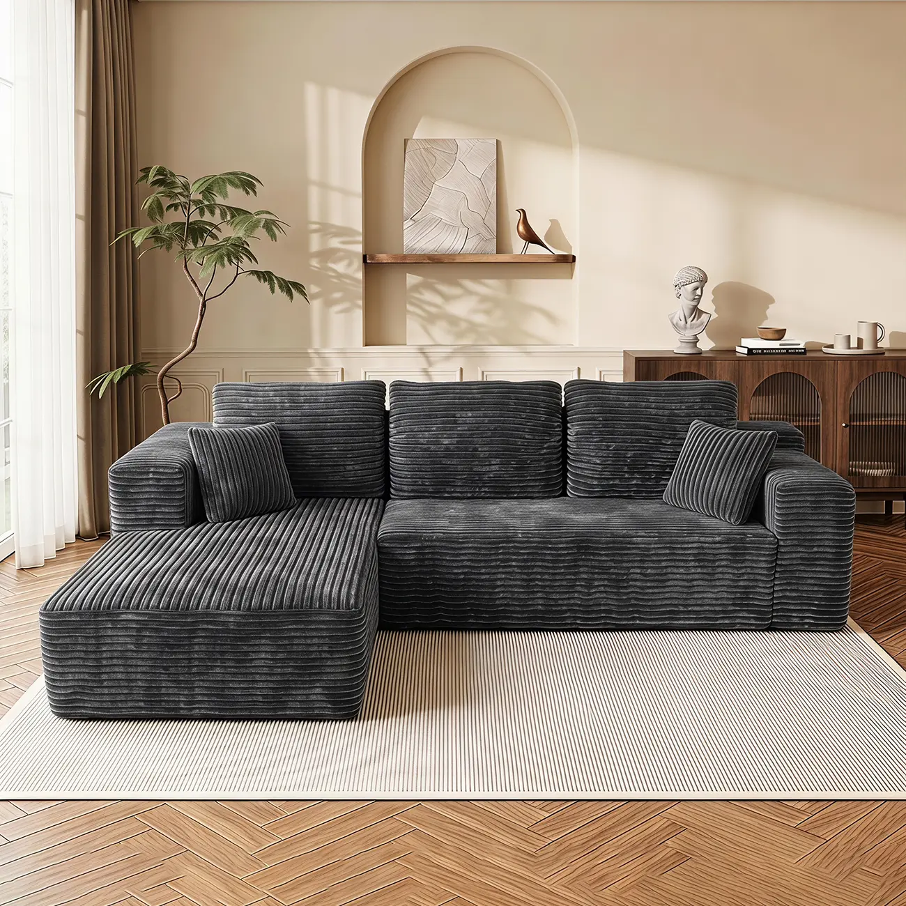 108 Inch Modular L-Shaped Corduroy Sectional Sofa with Chaise Lounge, Moderate Deep Seat Couch, No Assembly Required, Shipped in 2 Boxes for Small Apartments & Living Rooms, Grey