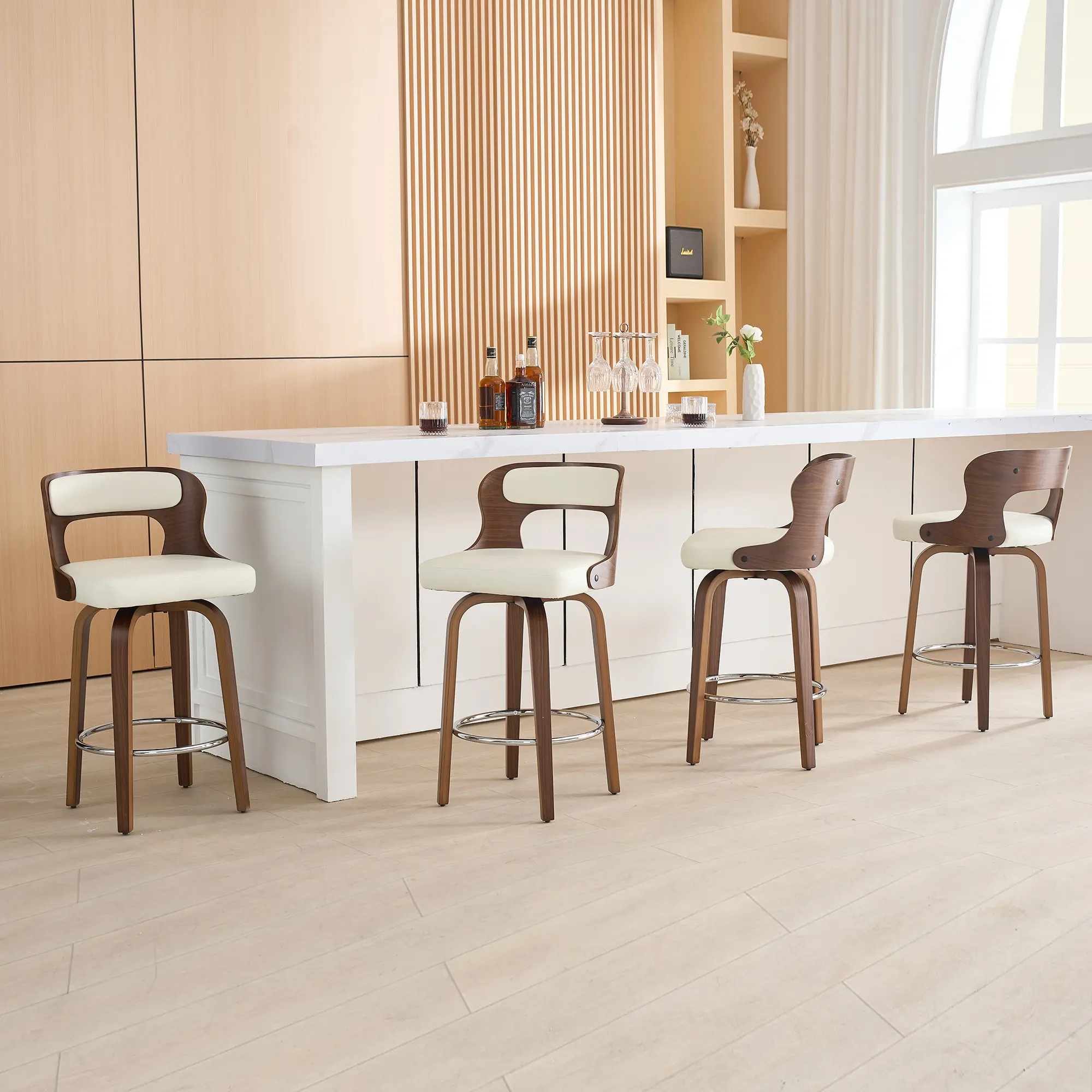 Clinq Set of 2/3/4 Gray Beige Black White 26" Counter Height Bar Stools - Mid-Century Modern Swivel Stools with Bentwood Legs, Leather Upholstery and 360° Rotation for Kitchen, Restaurant, or Home Bar, Modern Bar Stools, Counter Height Stools