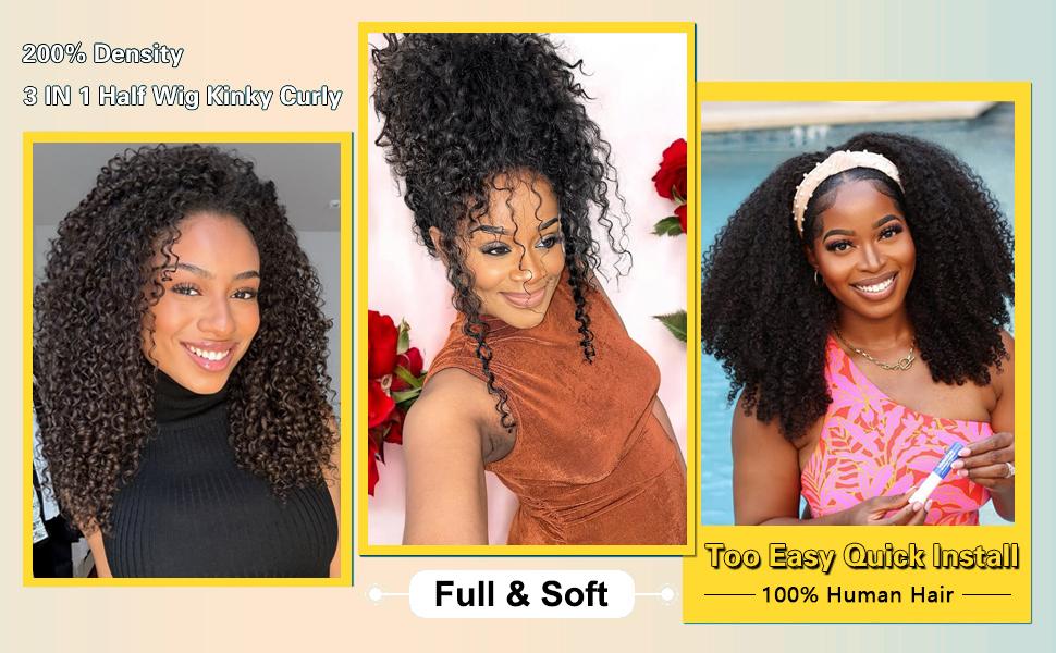 Half Wig Human Hair Glueless Wigs Upgrade 3 IN 1 Half Wig With Drawstring Seamless Clip Ins Flip Over Kinky Curly Half Wig Human Hair 200% Density Wear Go Glueless Wigs 100% Human Hair Wig Beginner Friendly For Women
