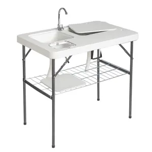 Folding Portable Camping Sink Table with Sink Faucet, Drainage Hose & Grid Rack, Multifunctional Camping Table with Faucet and Grid Rack - Double Sink Camping Station - WhiteWhite