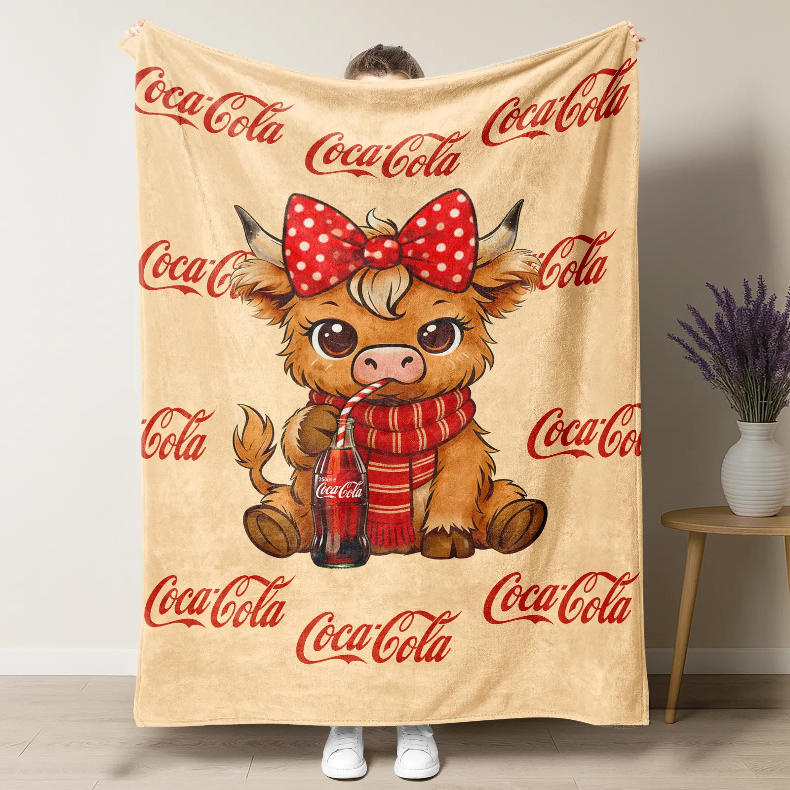 Coco-Cola Highland Cow Leopard Print Bow Cute Pattern Blanket