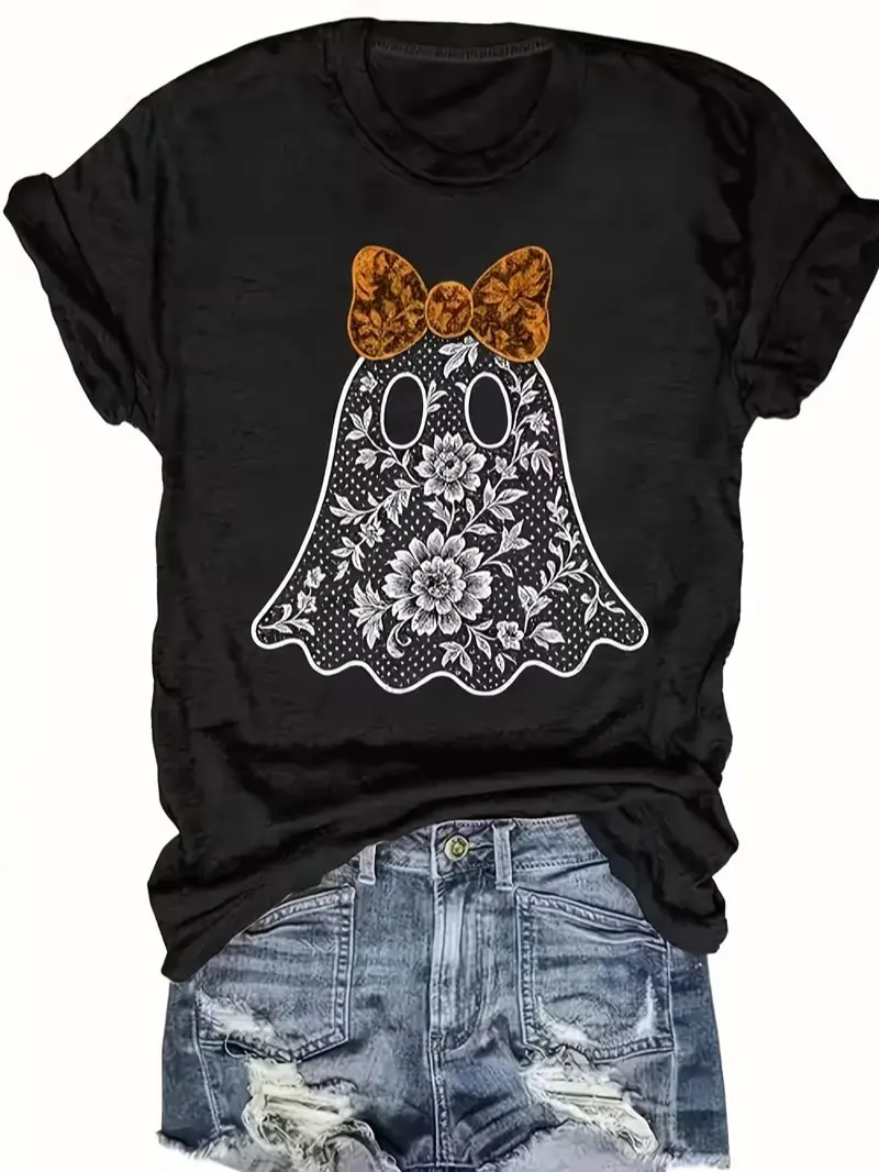 Floral Ghost With Pumpkin Bow Graphic T-Shirt, Retro Fall Halloween Casual Short Sleeve Tee funny meme