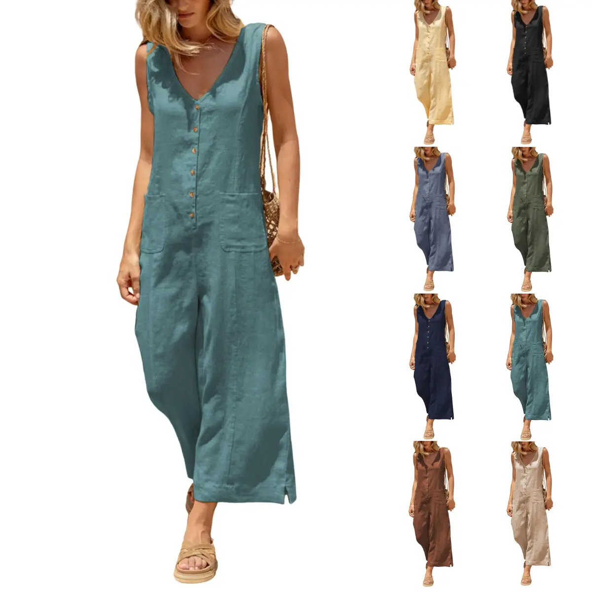 UANEO Women Cotton Linen Jumpsuits Button Down Solid Sleeveless Casual Wide Leg Rompers with Back Tie Adjustable Waist Loose Fit Overall Pockets Summer Fall Womenswear Minimalist Style