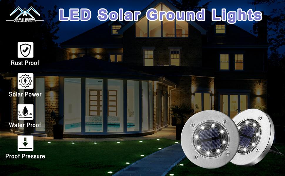 SOLPEX Solar Ground Lights Outdoor, Waterproof 8 LED Solar Powered Disk Lights Outdoor Garden Landscape Lighting for Yard Deck Lawn Patio Pathway Walkway solar  power