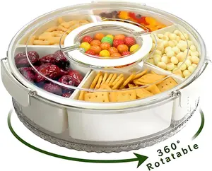 Rotating Snack Tray with Lid, Multi-Compartment Snack Box Container, Divided Serving Tray Spinner for Kids, Veggie and Fruit Organizer for Fridge, Mess-Free Snack Storage