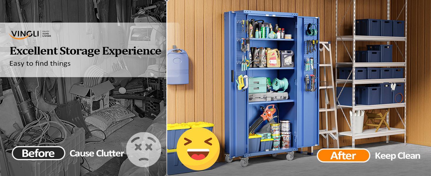 VINGLI 72'' Tall Metal Garage Storage Cabinet with Pegboards, Wheels, Locking Doors and Adjustable Shelves, File Cabinet/Tool Cabinet for Home Office/School (Blue, 32W x 16D x 72H)