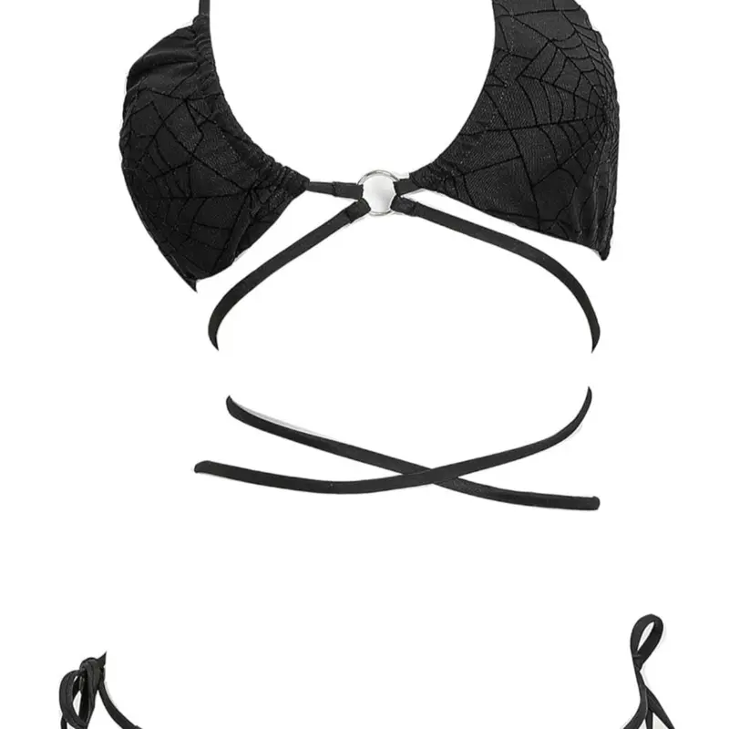 Women's Gothic Bikini Set Flocked Spider Web Two Piece Swimsuit with Cross-Back Design