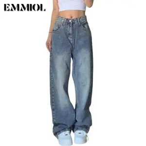 EMMIOL Women's Blue Wash Boyfriend Wide Leg Jeans - Y2K Vintage Style - Denim Baggy Jeans | Baggy fit Pants