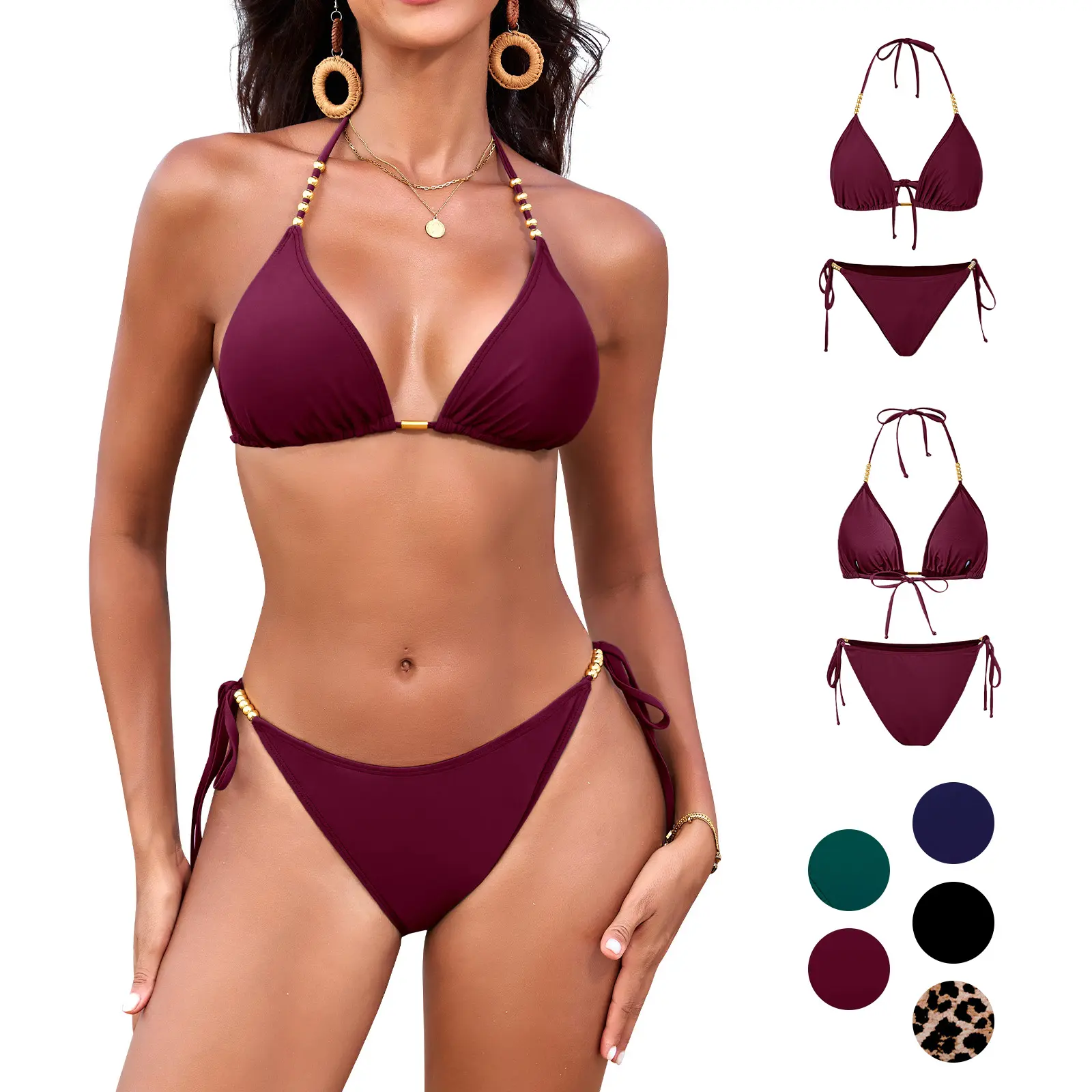 UMIPUBO Women's Triangle Bikini Set Halter Neck Beaded Straps Tie Side Golden ball chain Two Piece Swimsuit Ladies Swimwear