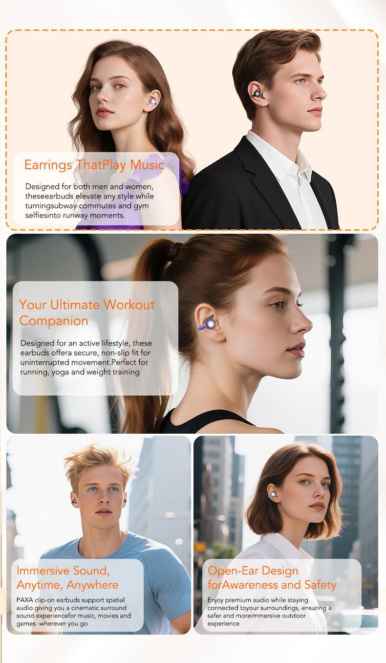 [Spring Deals] Tukio 2026 M100 Fashion Clip-On Earphones, featuring interchangeable earring accessories, an audio-visual touchscreen, and wireless audio transmission technology. Equipped with Bluetooth 6.0 for faster and more stable connections.