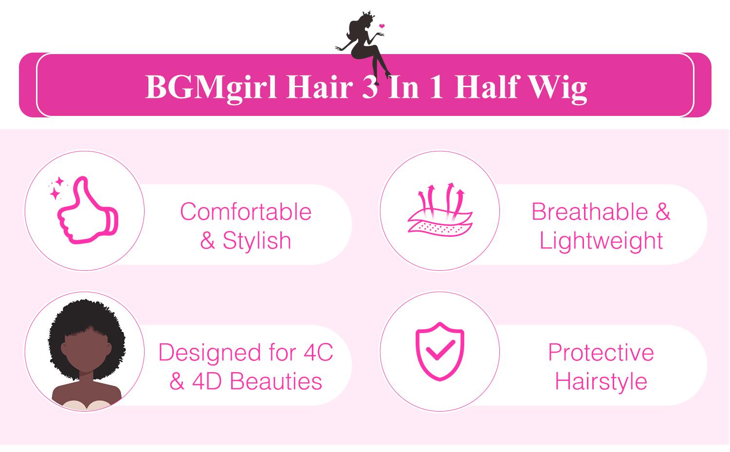 [Wear Go Half Wig] BGMgirl Invisible Hairline Yaki Butterfly Layered Cut/ Afro Curly Half Wig Multiple Texture Available Kinky Curly Water Wave Glueless Human Hair Wigs Seamless Flip Over Updo Down Style Hairpiece