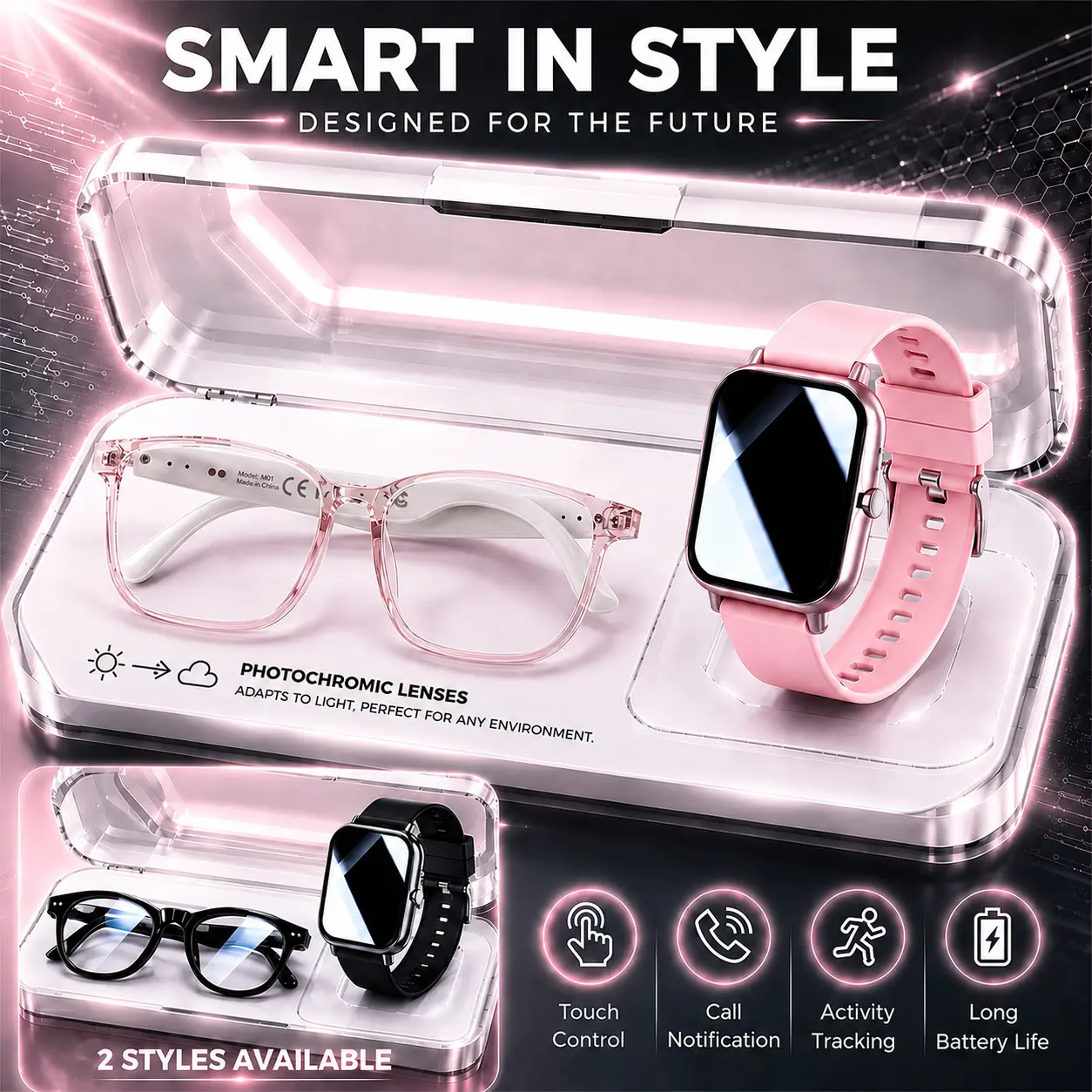 AI Smart Audio Glasses & Smartwatch Set - App Translation, Bluetooth Music Glasses, Hands-Free Calls, Comfortable Daily Wear, Fitness Use, Gifting Option (No Gift Box Included)