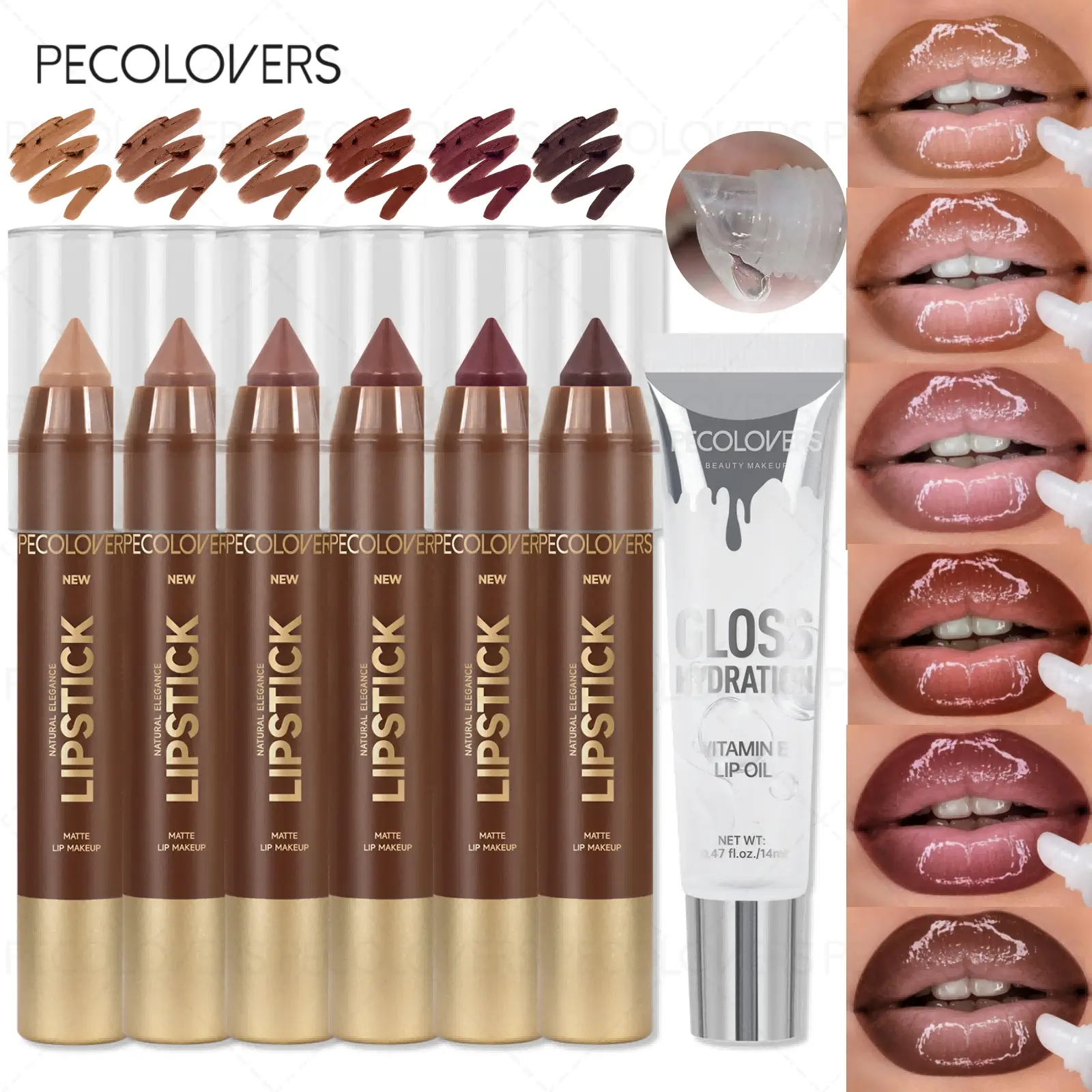 7pcs/set Lip Boost Set Lip Makeup Lip Cosmetic, 6pcs Brown Lip Liner Lipstick with 1pc Transparent Shiny Lip Oil Plumping Shimmer, Natural Nude Tinted Lip Glow Oil, Moisturizing Long Lasting High Shine Lipgloss