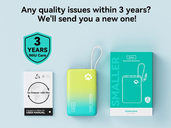 INIU【2 PACK】PawGO 45W 10000mAh Power bank, Slim PD Fast Charging Portable Charger with Build in USB-C Cable,  Perfect Gift Travel Camping Battery Pack, External Phone Charger for iPhone 17 16 15 14 13 12 11 Series Samsung Google Pixel iPad Compact Handy