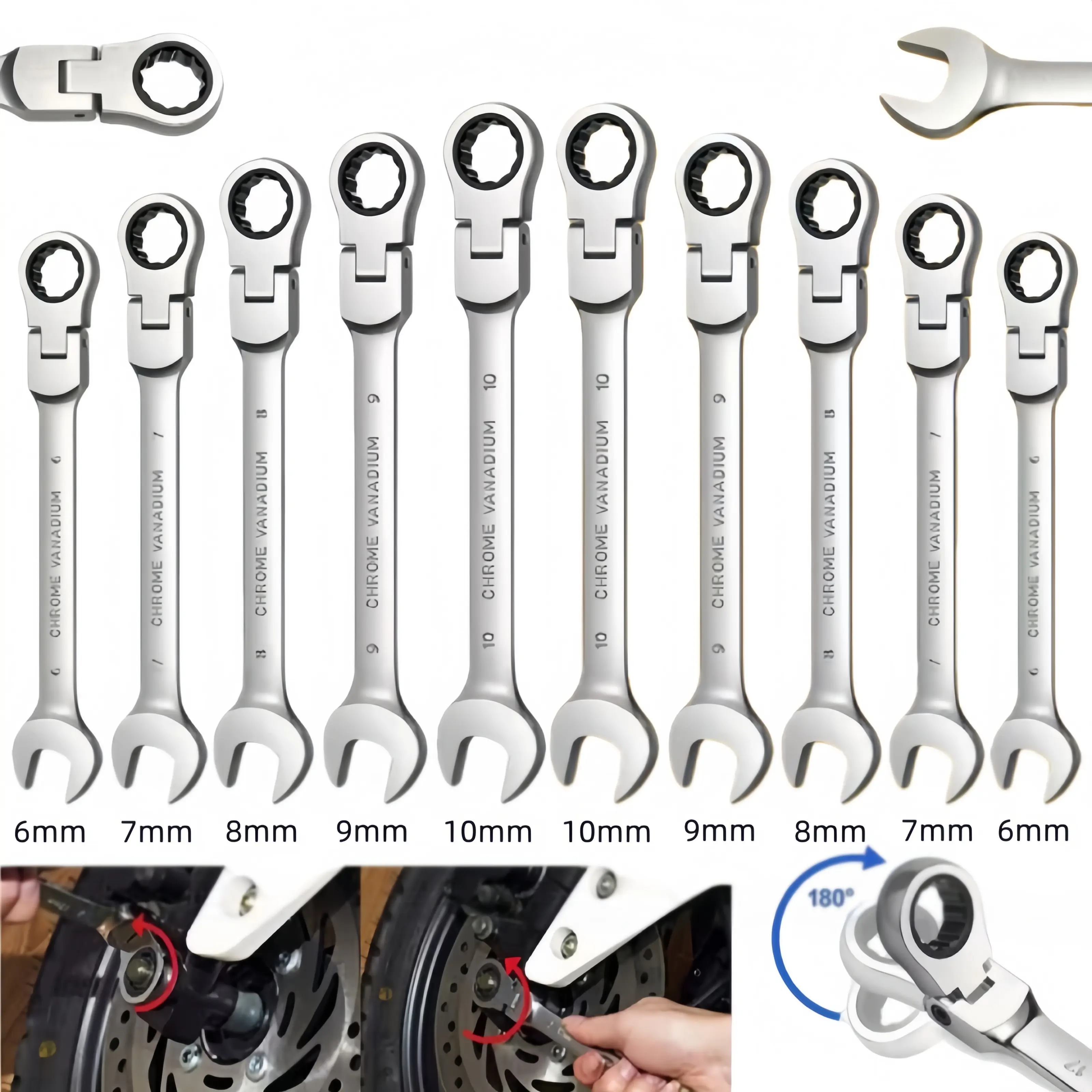 10Pcs Chrome Vanadium Metric Combination Wrench Set, 6-10mm Flexible Swivel Head 180° Pivoting Ratcheting Wrenches, Open-Box End Hand Tools for Mechanic Motorcycle Auto Repair Garage