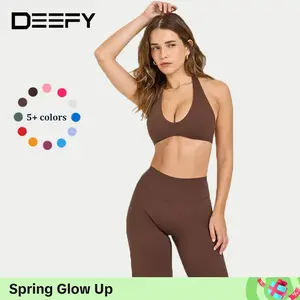 DEEFY SOFTMOTION Minimal Halter Neck Bralette Fitness Gymwear Halter SportsTop Open Back Padded Gym Workout Sportswear Women Seamless Tank Activewear Tops Low Impact Bra Gym