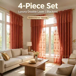 Curtain Club 4 Panels 52X84Inch Double Layer Embroidered Head Curtain, featuring a multi-layer embroidered fabric on the exterior and a satin lining on the interior, with a designed header for rod pocket style,FT6050