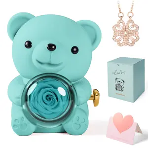 【Mother’s Day Gift】Real Rose Bear With Lucky four-leaf clover necklace - Valentine's Day Gift For Girlfriend Wife Mom Daughter - Birthday & Anniversary Present