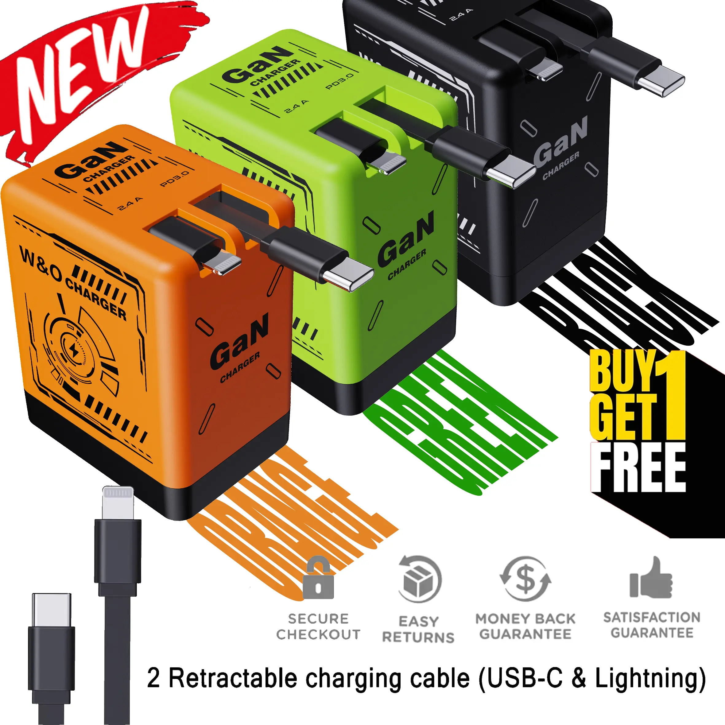 【Deals For You】[Buy 1 get 1 free]Retractable Gan Wall Charger Plug, usb c cable,Fast Charging for iPhone 17/16/15/14/13/12/Plus/Pro Max, Compact Device, Wireless Earphones, Bluetooth Speaker, Headphones, Mobile Phone, Travel, Lightening, Perfect Gift