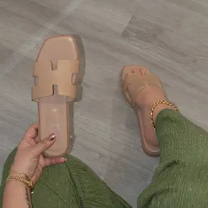 Sydney - Women's Comfort Insole Square Toe Slippers Faux Leather Slide Sandals for Everyday Wear Open Toe Summer Plain Pattern Synthetic Material
