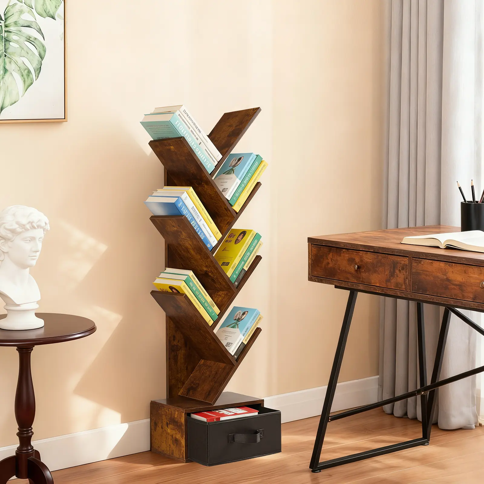 9-Tier Tree Bookshelf with Drawer,Tall Narrow Wood Bookcase for Living Room,Bedroom,Floor Standing Storage Shelf for Corner & Small Space