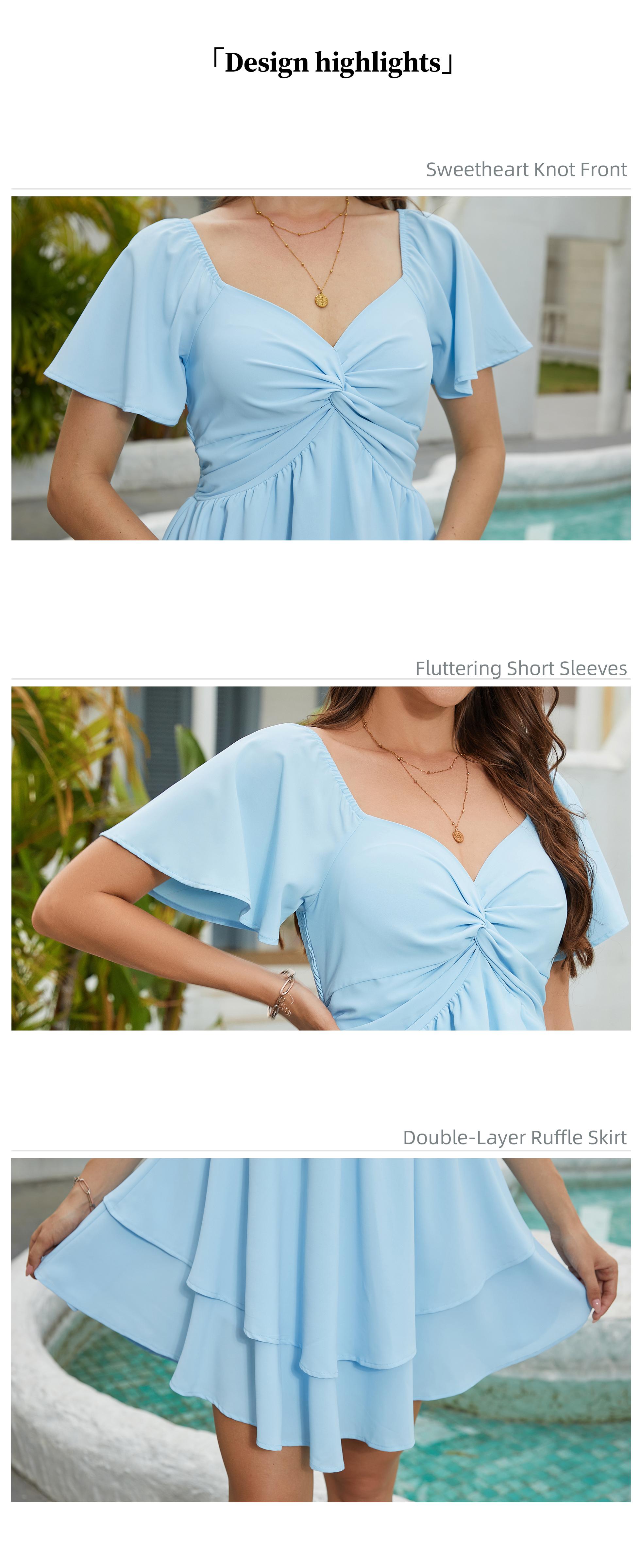 Florboom Women's Sweetheart Knot Front Mini Dress,Flutter Sleeve Layered Ruffle Hem A-Line Short Dress, Easter dress,Lightweight Summer Fit & Flare Dress for Vacation, Parties, and Everyday Style