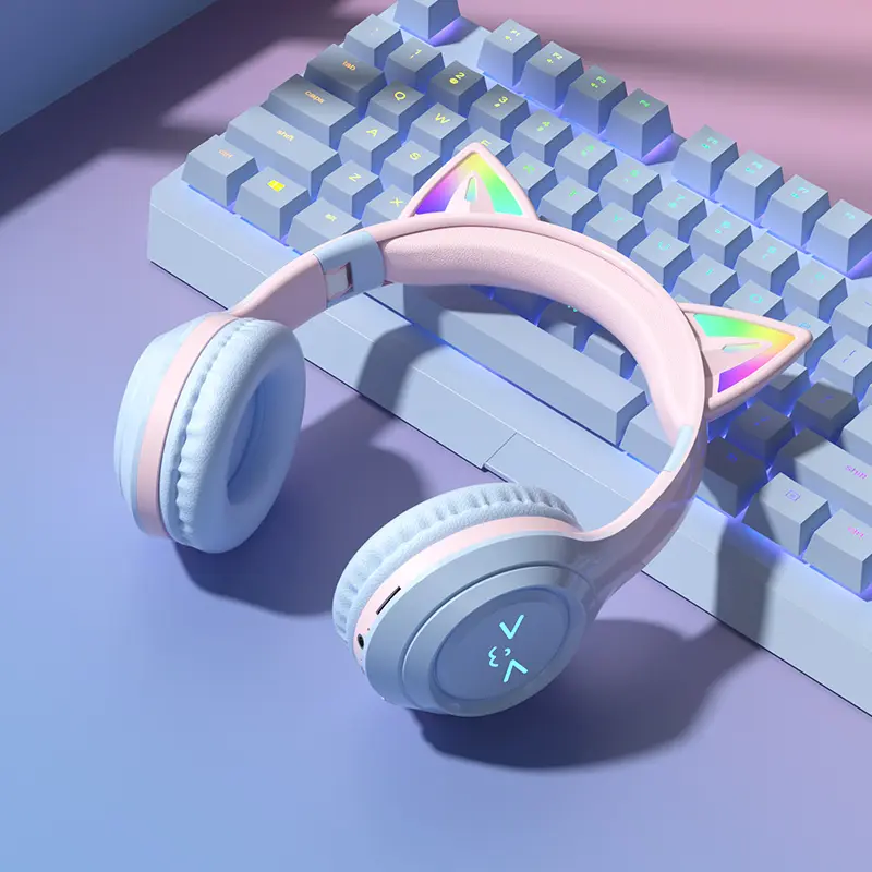RGB Cat Ear Over Ear Portable Audio Wireless Headphones - Bluetooth 5.1 Surround Sound, Noise Reduction, HiFi Audio, Metal Connection, Folding, RGB Lights, Box Packaging for Kids & Adults by Sohochic