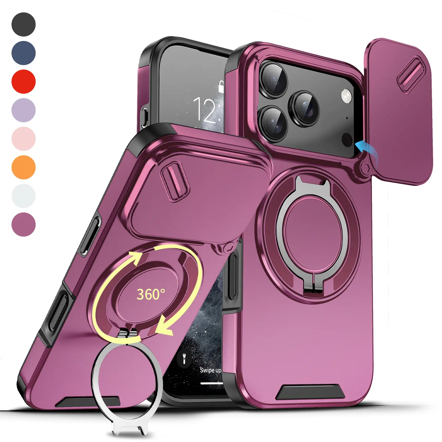 Hard Plastic Smartphone Casing for iPhone 18/17/16 Pro Max/15/14/13/12/11 Devices, MagSafe-Compatible, with 360-Rotating Ring Grip Holder Kickstand & Slide Camera Cover, Sturdy Shockproof Cellphone Protection Case, Cherry Red