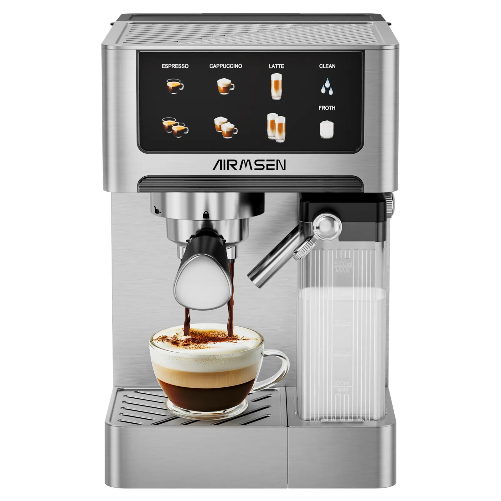 AIRMSEN Household Semi-Automatic Espresso Coffee Maker Machine - 20-Bar Italian Pressure Pump, 1300W&1000W Dual Boilers, Brushed Stainless Steel Compact Form, Color Touchscreen, Automatic Frothing Milk Frother, Brushed Finish