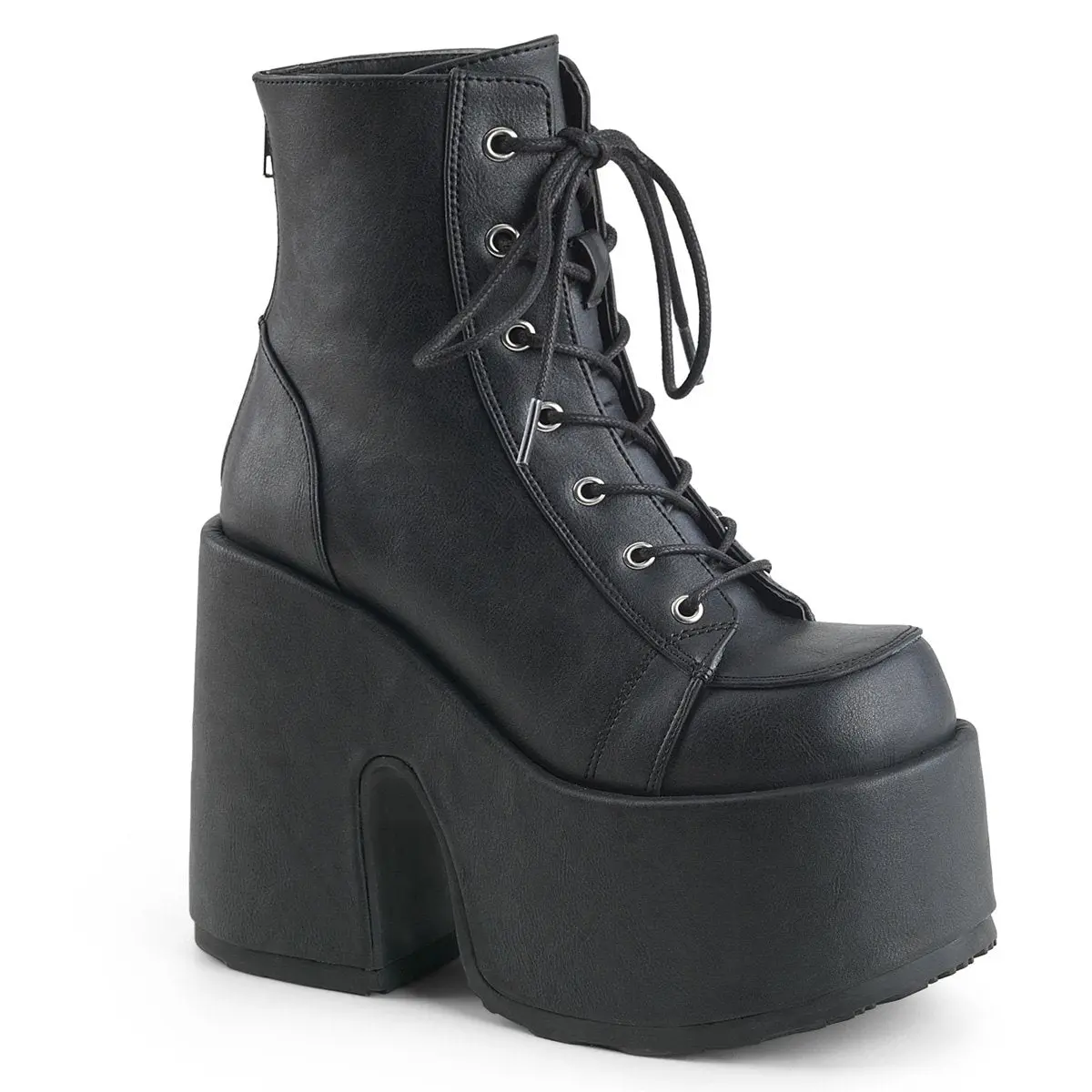 Demonia Women's Black Vegan Leather Camel-203 Chunky Heel 5" Platform Lace-Up Ankle Boot with Metal Back Zip Closure