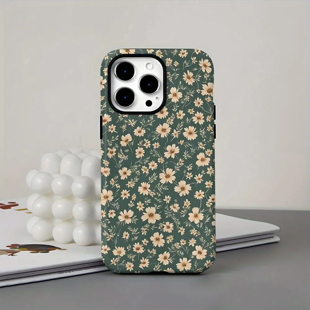 [Dual Layered Case] Tough, Dual Layered 2-In-One Film Spring Little Daisy Flowers Pattern Green Case |     for iPhone 16, 15, 14, 13, 12, 11, Plus, Pro, Max, Durable, Drop-proof, Perfect Birthday Wedding Gifts for Friends F Compatible with Samsung Galaxy
