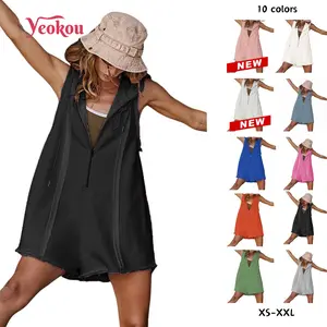Yeokou Short Half Zipper Sports jumpsuit for Fitness Outdoor Leisure Sleeveless Loose Hoodie for Women