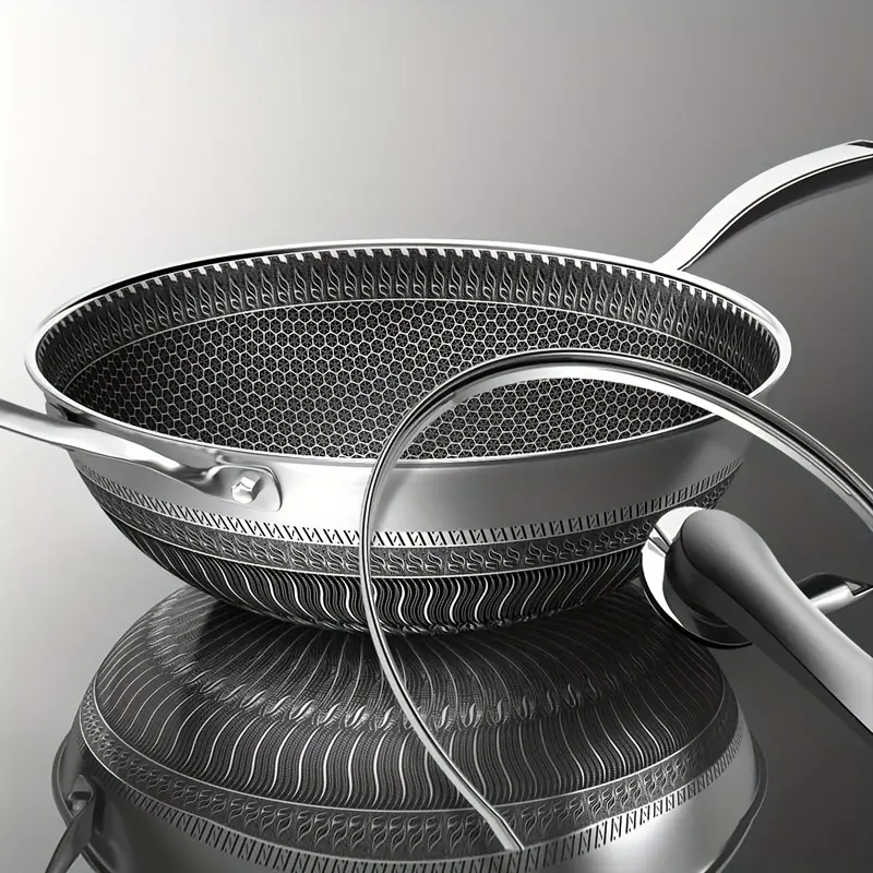 13.3 in All Stainless Steel Anti-Adhesive Round Wok with Lid, 2 Cookware Accessories, Honeycomb Design, Home Cooking Pan for Induction & Electric Ceramic Stoves, Anti-Adhesive Pans & Woks