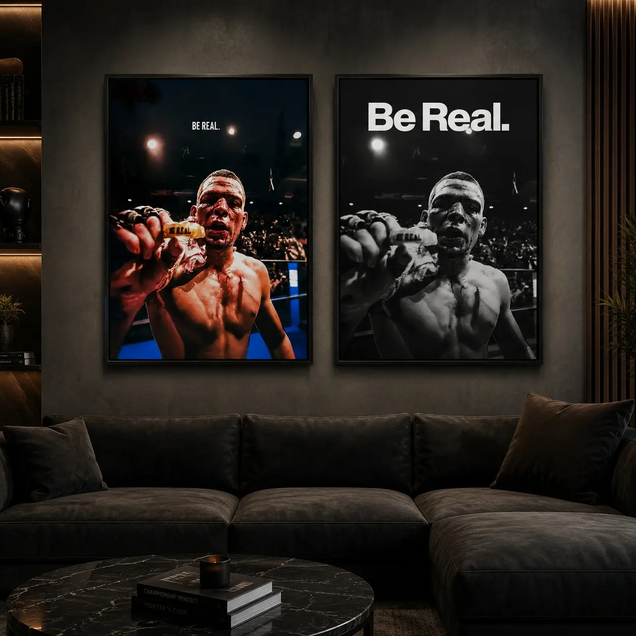 Nate Diaz "Be Real" Framed Canvas Wall Art 2-Piece Set - Color & Black-White UFC Fighter Motivational Quote Posters, MMA Boxing Gym Man Cave Home Decor, Two Pieces