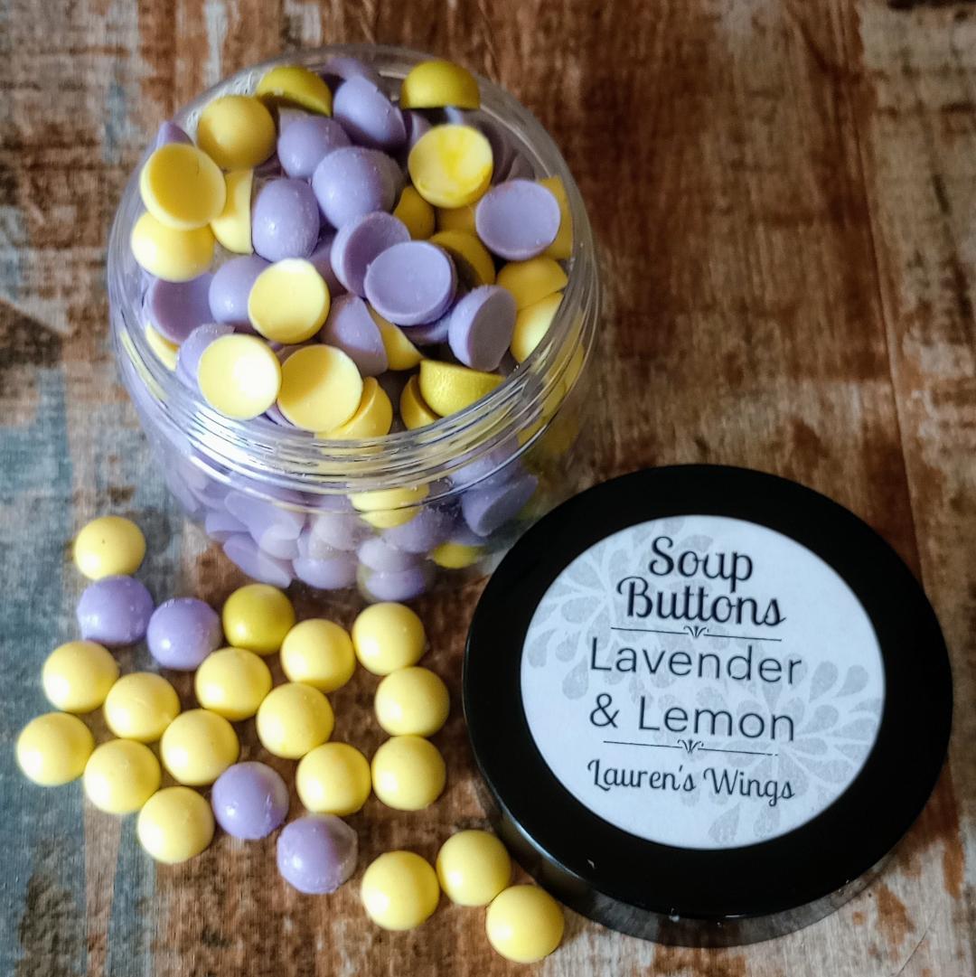 Lavender & Lemon SINGLE USE SOAPS, One time Use Soap Buttons, Fun, Moisturizing, lavender w hints of green, base of orange flower, vanilla