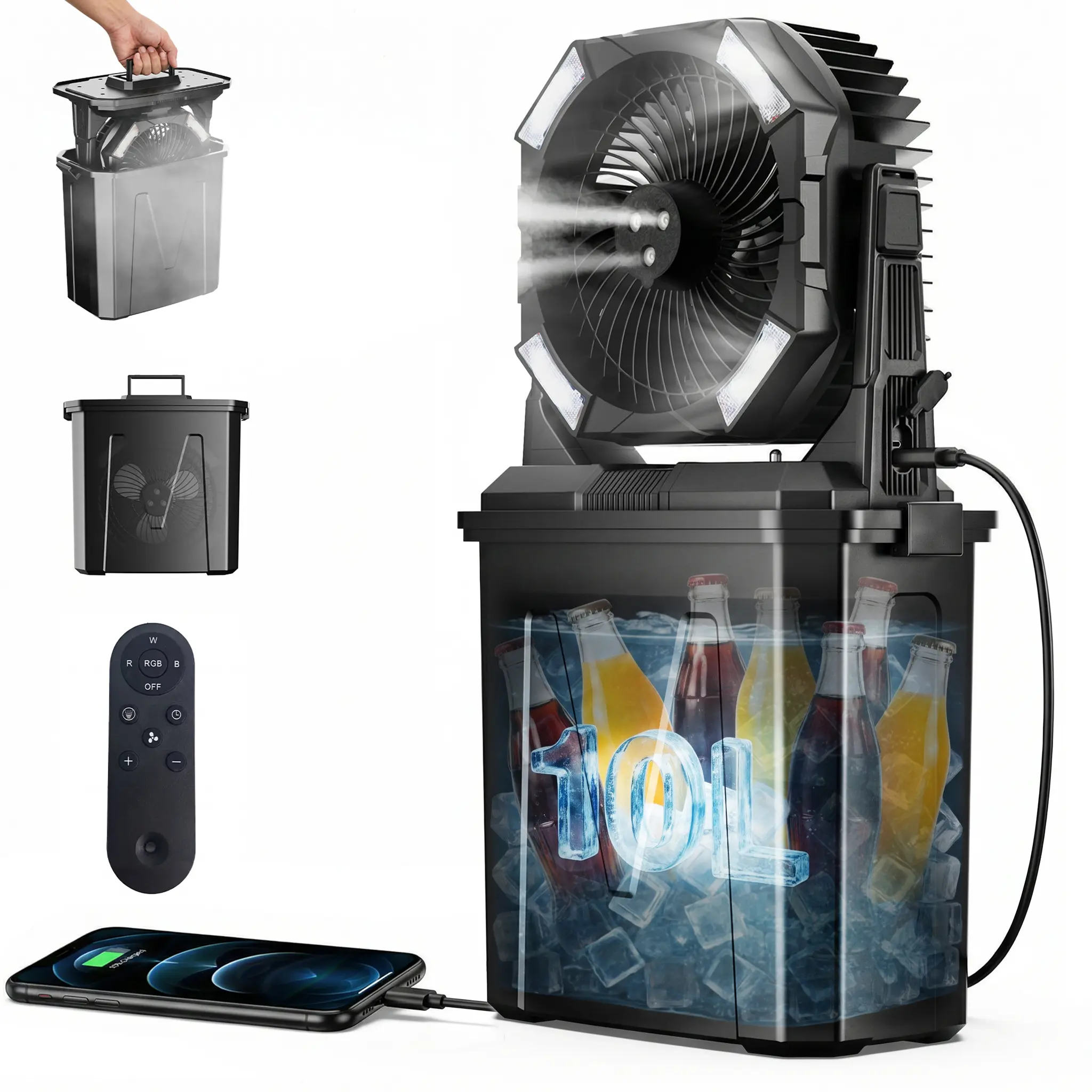 2026 New Portable Misting Fan, 20000mAh Rechargeable Cooling Fan with 10L Water Tank, 15-60H Runtime, 4.6m/s Strong Wind,4 Speeds & 4 Mist Levels, LED Light, Remote Control, Timer Function, Outdoor Fan for Camping, Beach, Patio