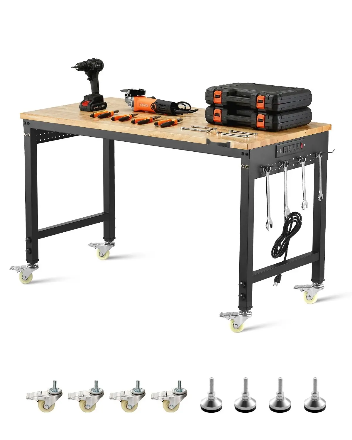 48-Inch Mobile Workbench on Wheels with Adjustable Height, Built-In Power Outlet, Pegboard Organizer, Large Steel Work Surface, Locking Casters and Under-Top Storage, Ideal for Garage, Shop, and DIY Projects