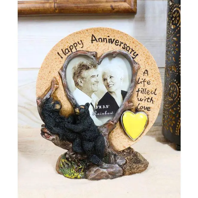 Rustic Western Forest Standing Black Bear Photo Frame with Glass, Tree Decor - Happy Anniversary Home Decor Figurine