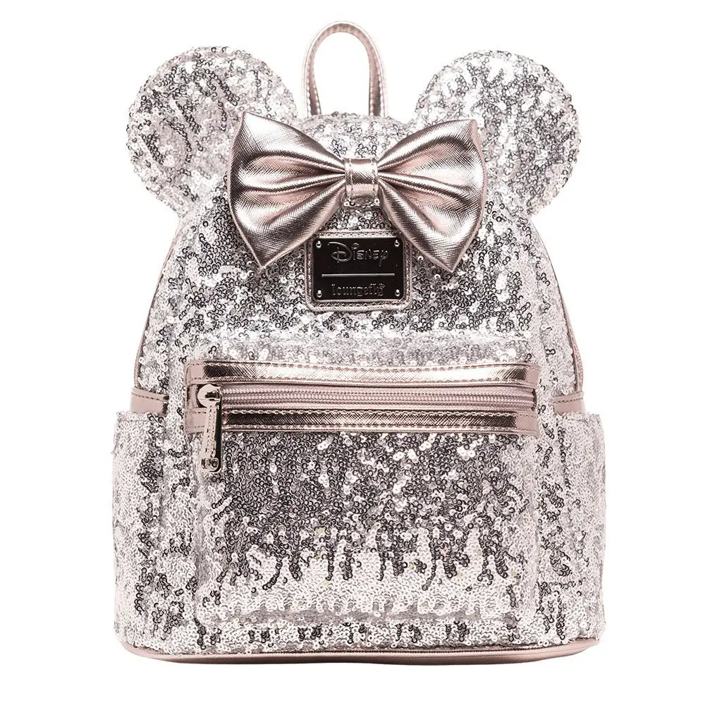 Loungefly Disney Minnie Mouse Silver Sequin Faux Leather Mini Backpack for Women, Casual Everyday Carry with Adjustable Strap, Female, Casual Wear, Cartoon Character, Graphic Print, Adults, Bow, Soft Shell, Rectangle, Sequin Studding, Basic, Lightweight,,