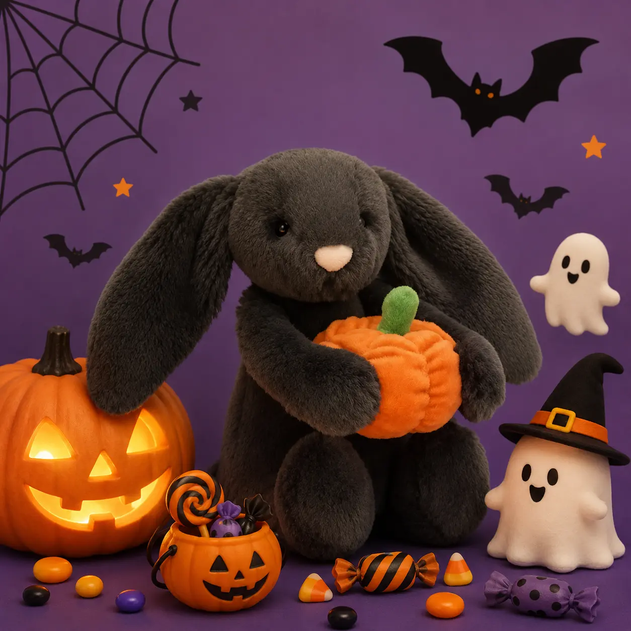 Adorable Black Halloween Bunny Plush Holding Pumpkin | Super Soft Stuffed Rabbit | Perfect Halloween Gift & Fall Decor, Cuddly Doll Gift, Soft Collectible Bunny